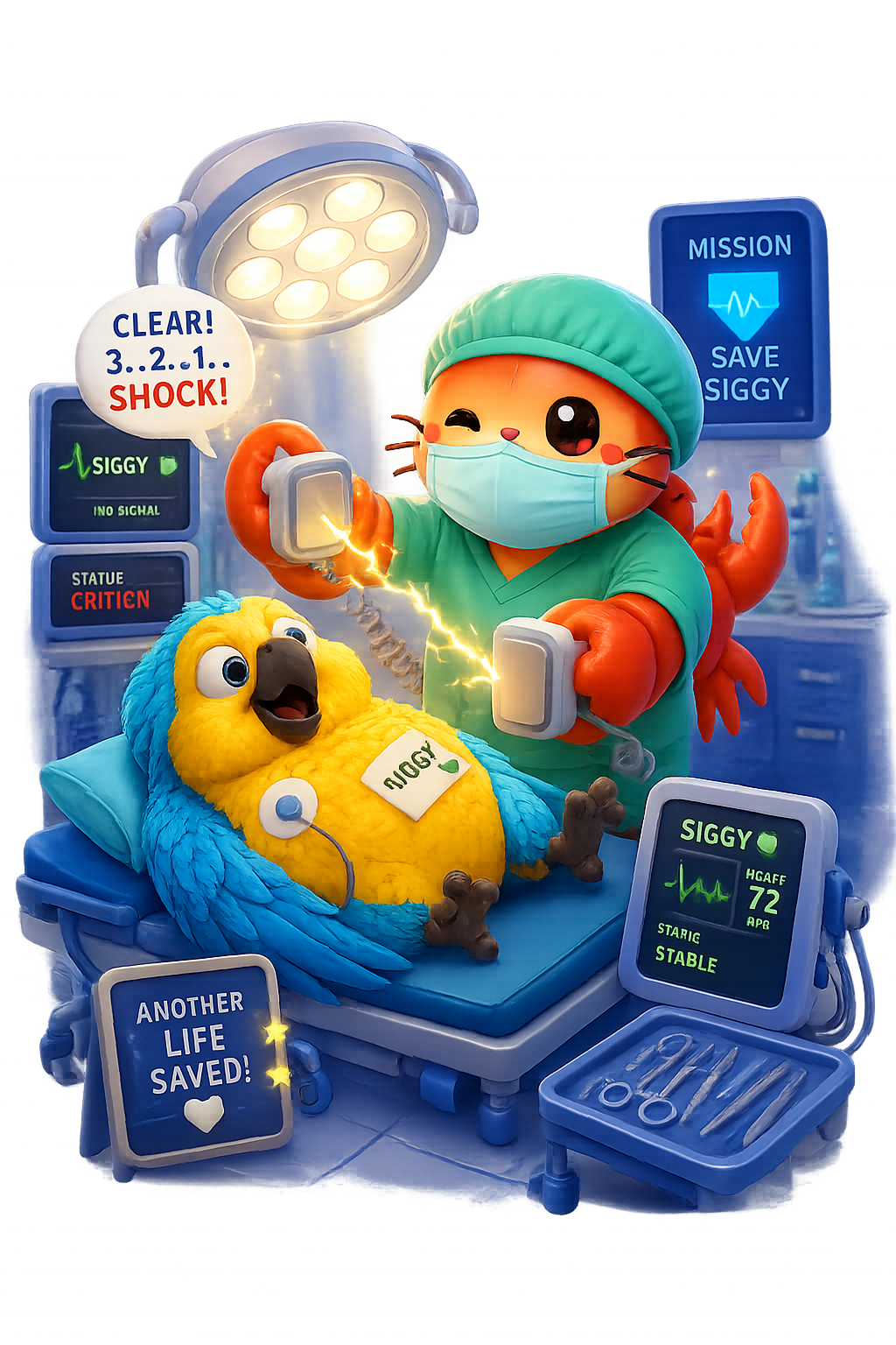 Crab surgeon reviving Siggy the parrot